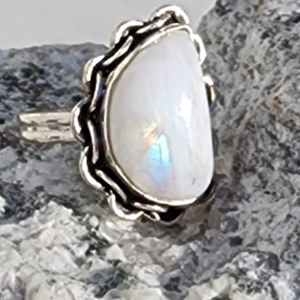 Rainbow Moonstone Ring Hand Crafted Moon Shaped S… - image 7